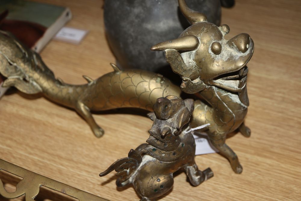 A 19th century Chinese bronze koro, with pierced cover, dragon handles and Dog of Fo finial, Xuande mark and sundry metalware